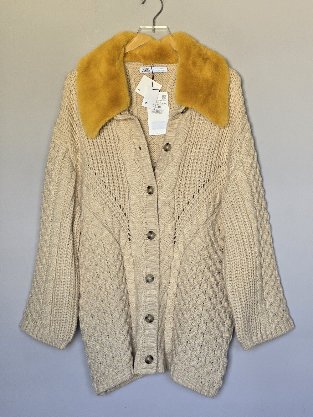NWT Zara Cable Knit Cardigan with Removable Fur Collar - Picture 12 of 12